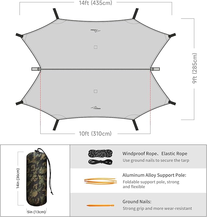 Ultralight Tarp 14ft Hammock Rain Fly Lightweight Waterproof Camping Tent Tarp with Doors Bushcraft Tarp Shelter for Backpacking Hiking Camping