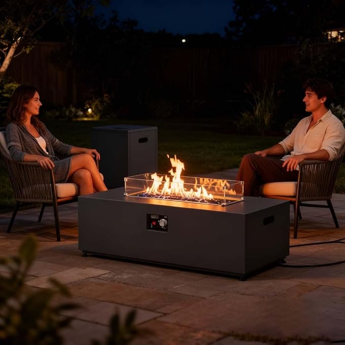 42 Propane Fire Pit Table Set with Tank Holder Rectangle 2-Piece Outdoor Firepit Wind Guard Lid Glass Stones and Cover