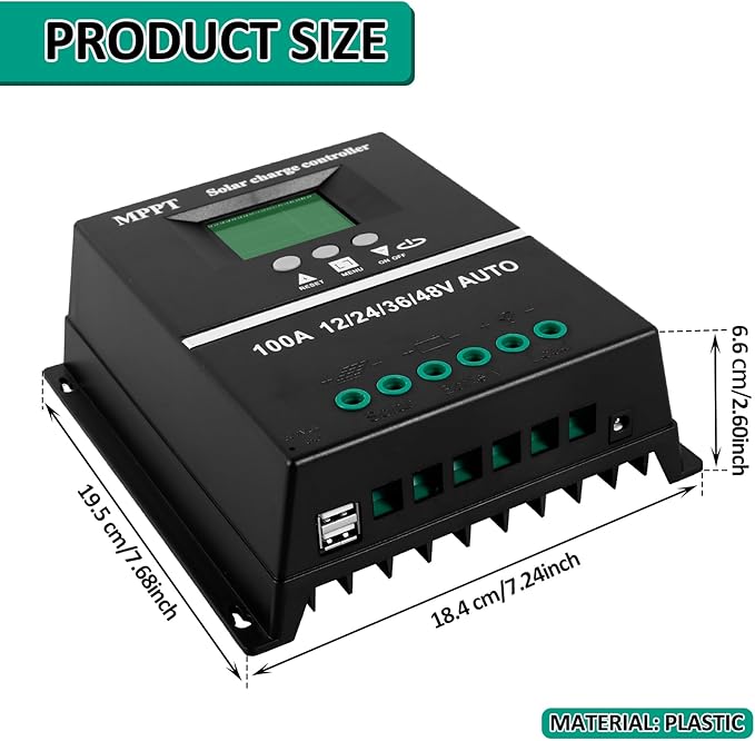 50A-100A Solar Charge Controller 100A MPPT LCD Display Solar Battery Regulator 12/24/36/48V Intelligent Solar Panel Regulator with Double USB Charging Port 7 Modes for Charging