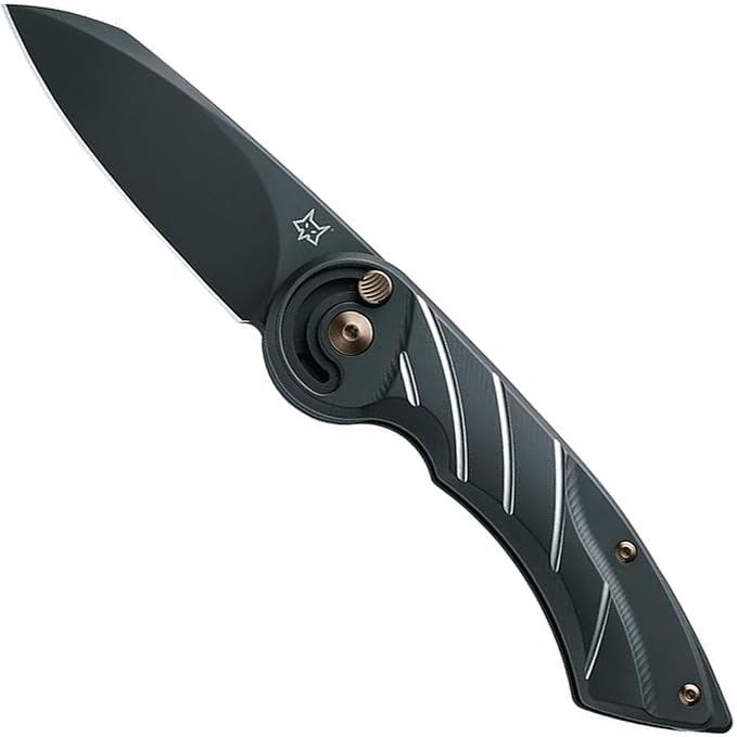 Fox Knives Radius Button Lock FX-550 TIB Folding Knife - 2.95in M390 Stainless Steel Blade Black PVD Finish - Black PVD Titanium Groove Handle With Leather Slip Pouch EDC Everyday Carry