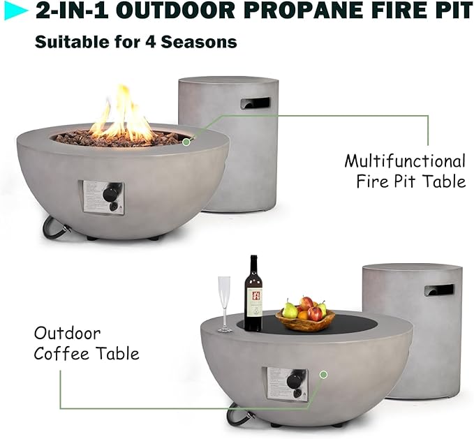 31.5 Round Propane Fire Pit Table50000 BTU Outdoor Gas Fire Table with Tank Cover &amp LidGray Concrete Firepit for PatioBackyardGarden and Pool