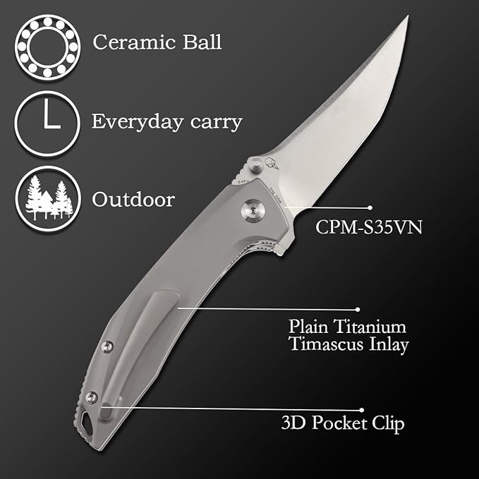 KANSEPT Baku Pocket Folding Knives for Men EDC Camping Folding Knife 3.2'' Satin CPM-S35VN Material Outdoor Folding Knives with Plain Titanium Timascus Inlay Handle Everyday Carry K1056A8
