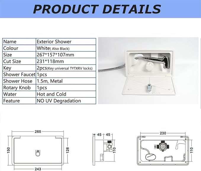 RV Exterior Shower Box Kit Torcarvh Shower Head with Lock with Hose and 2 Keys for Marine Boat RV Motorhome Caravan Camper Accessories (White)