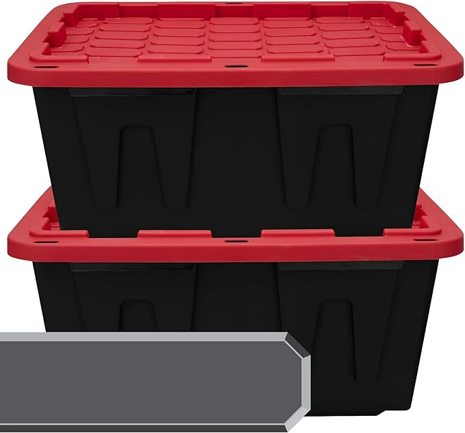 (Pack of 4) 27-Gallon Heavy Duty Plastic Storage Container Bin with Secure Snap Lid Black and Red Large Capacity Tote for Organization