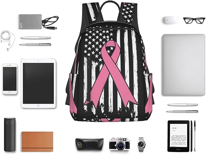 Breast Cancer Awareness Pink Ribbon American flag Travel Laptop Backpack Womens Mens Bag Bookbag