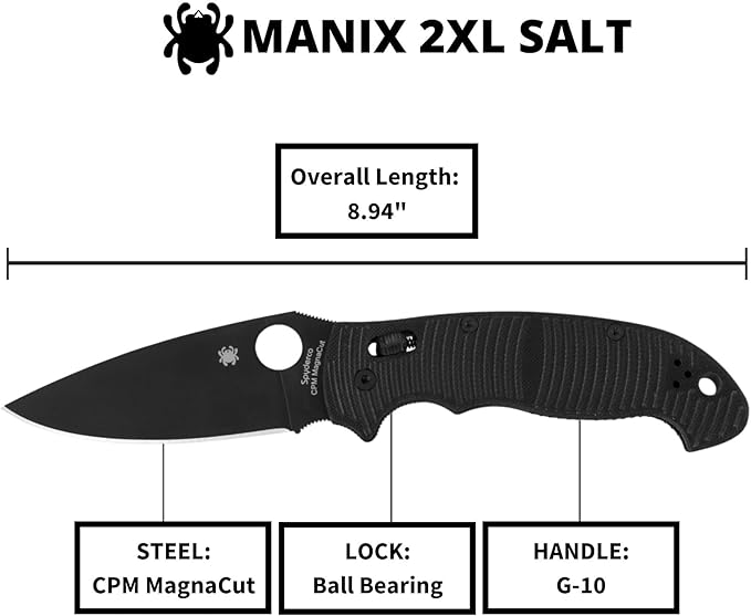 Spyderco Manix 2 XL Salt Folding Knife with 3 Black CPM MagnaCut Steel Blade and G-10 Handle - EDC Knife for Men and Women Perfect for Hunting Tactical Camping Survival - PlainEdge - C95GMCBKP2