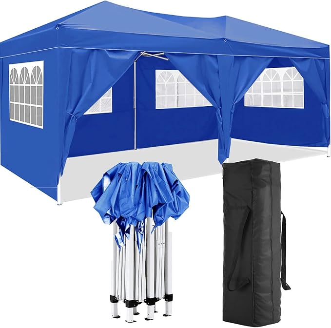 KEIKI 10'x20' Folding Canopy with 6 Removable Sidewalls Outdoor Event Shelter Gazebo Portable Tents for Parties Carport Camping Garden Patio Blue