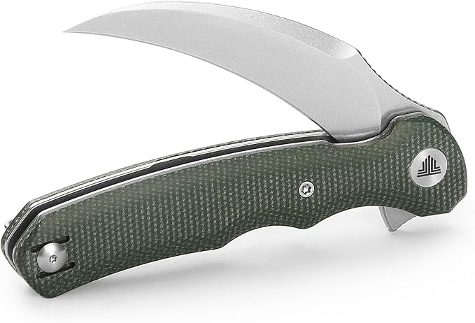 TRIVISA knives - Lacerta-04G |Hawkbill Folding Knife for Men EDC Pocket Pikal Knife with Reversible Wire Clip 3.34 Stone Wash 14C28N Steel Flipper Blade &amp Micarta Handle