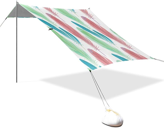 xigua Feathers Beach Tent Sun Shelter with Carrying Bag - Silver Coated Oxford Fabric Beach Canopy for Beach Camping Fishing - Includes Windproof Ropes Sandbags &amp Stakes