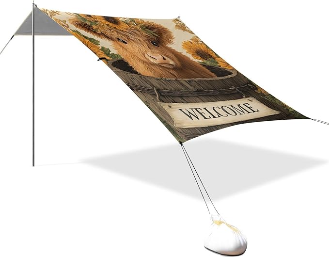 ALAZA A Lovely Highland Cow Baby Sat in an Old Wooden Barrel with Big Flowers on His Head Surrounded by Beach Tent Sun Shelter Portable Canopy Sunshade for Outdoor Camping Picnics Backyard Fun