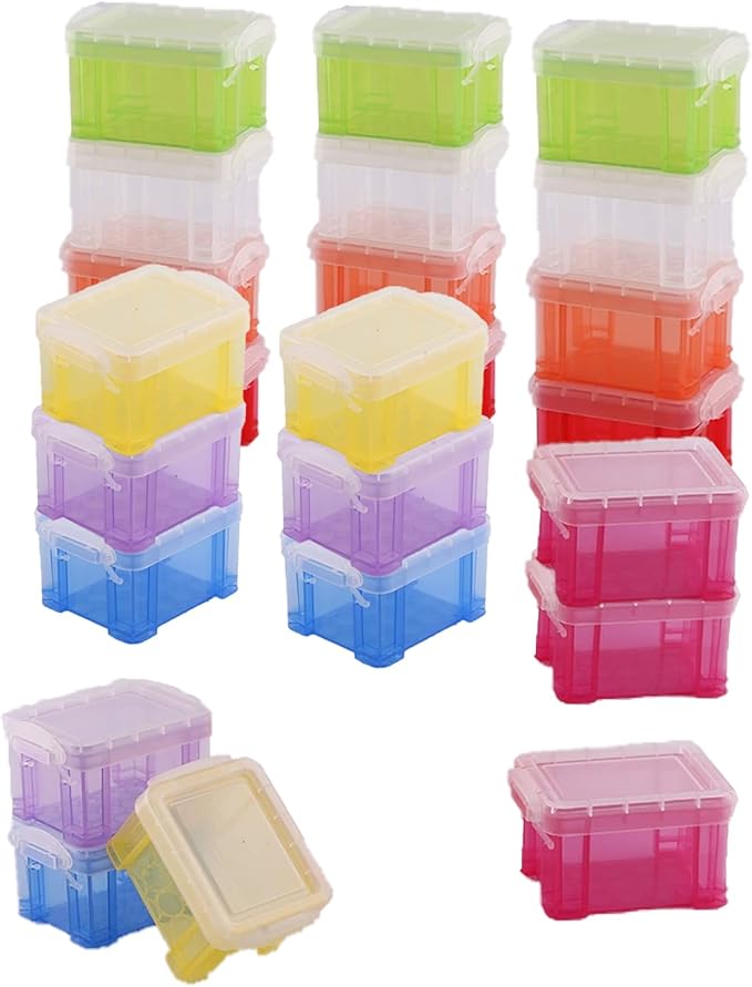 24 Pack Mini Plastic Storage Bins with Lid 3.3×2.6×2 Clear Latch Small Storage Box Stackable Organizer Container for Crafts Jewelry Beads Office Supplies 8 Colors