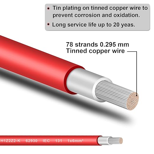 Solar Panel Wire - 200FT Red Tinned Copper Wire 10AWG (6mm²) PV Wire Solar Extension Cable for Outdoor Automotive RV Boat Marine Solar Panel - Red (10AWG 200FT)
