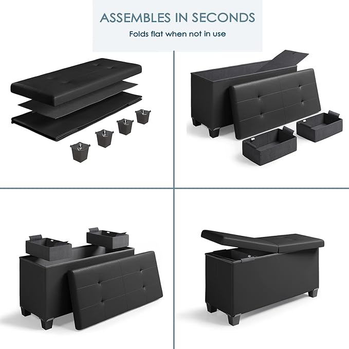 Storage Ottoman Bench with Storage Bins 30-in Storage Bench for Bedroom End of Bed Folding Foot Rest Ottoman with Storage for Living Room Storage Chest Max 660lbs Faux Leather Ottoman Black