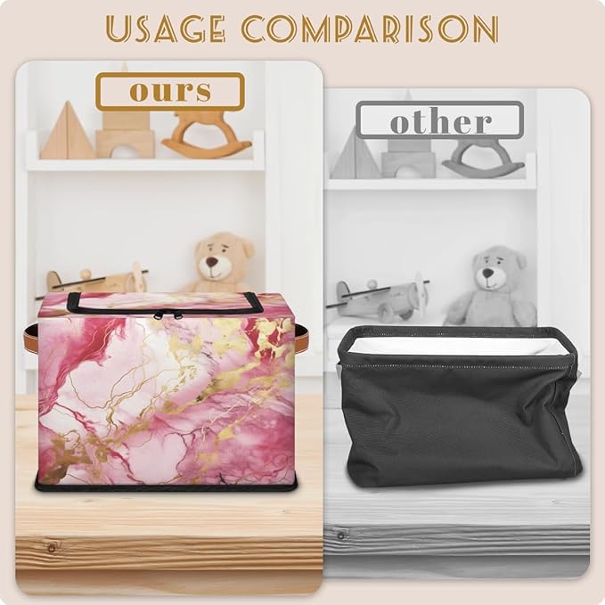 Marble Storage Bins with Zipper Lid Pink Gold Fabric Lidded Storage Baskets Cubes with Handles Decorative Foldable Shelf Closet Organizer Container