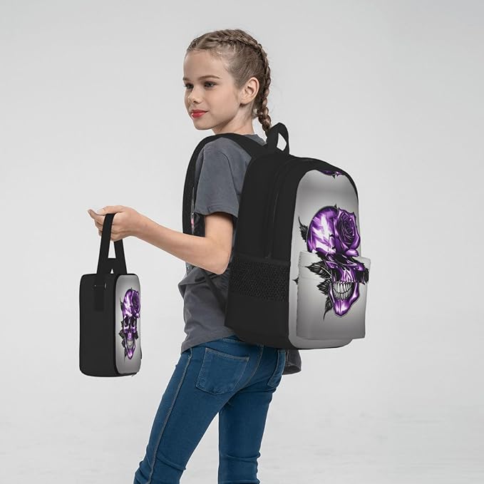 Purple Rose And Skull Backpack With Lunch Box 3 In 1 Set With Pencil Case Large Capacity Backpack With Chest Strap