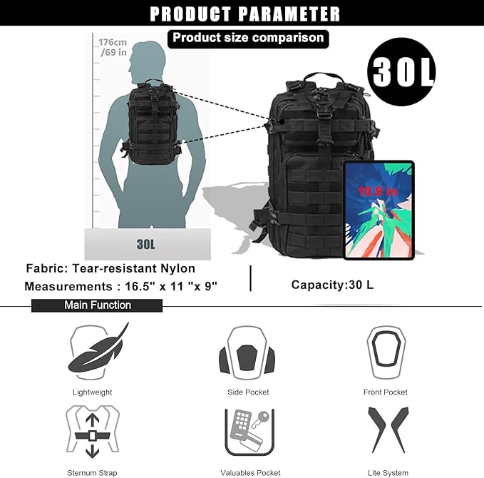 Miramrax Small Tactical Backpack Military Daypack - 30L Backpack for Men Molle Assault Pack Bug Out Bag for Hiking Camping Travel Army Hunting Rucksack Trekking (Black)