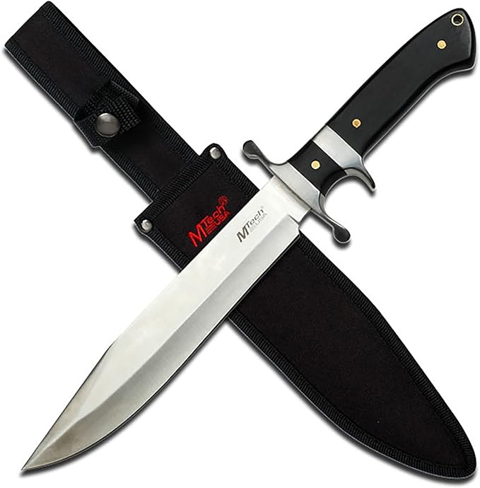MTech USA – Fixed Blade Knife – Satin Finish Stainless Steel Blade Black Wood Handle with Stainless Steel Bolster Includes Nylon Sheath - Hunting Camping Survival Tactical – MT-20-04