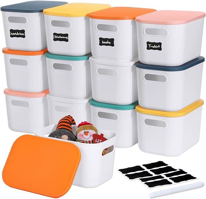 Thyle 12 Pack 7 Quarts Plastic Storage Bins Stackable Baskets with Lid and Handle with Label Colorful Desktop Box Toy Containers for Classroom Shelf Bedroom 10 x 7 x 6 Inch (White)