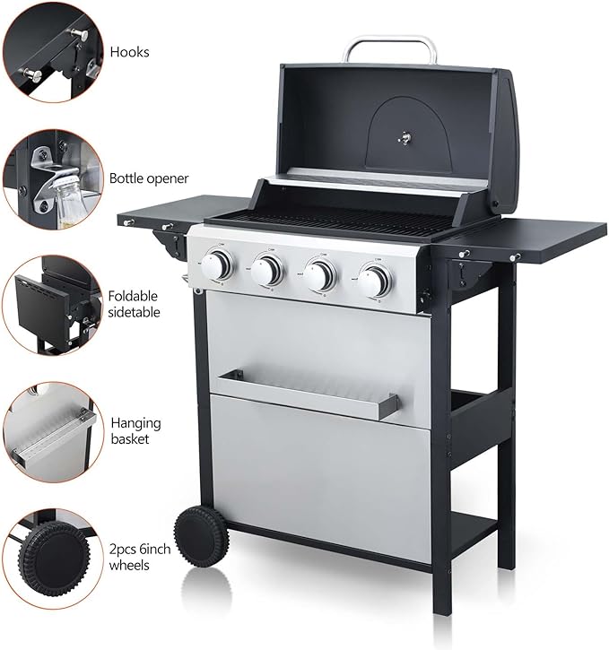 4-Burner Propane Gas Grill with 2 Foldable Side Tables 34200 BTU Outdoor BBQ Grill with Porcelain-Enameled Flame Tamers Built-in Thermometer Easy Assembly for Patio Backyard BBQ