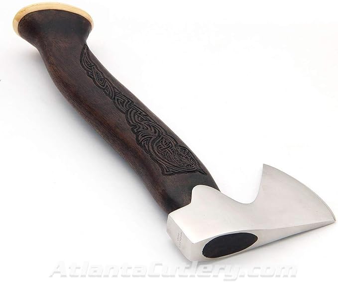 Windlass Viking Hunting Thane Hand Forged Steel Blade Norse Engraved Axe with Leather Belt Sheath and Bone Butt Cap - Throwing Tomahawk