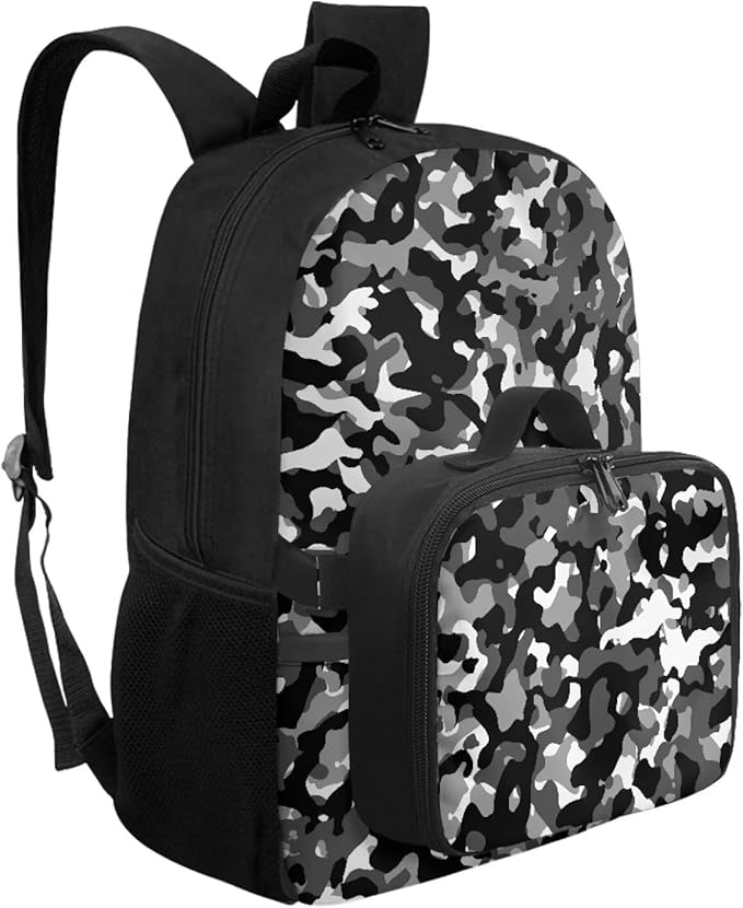 Grey Camo Backpack for Men Large Capacity Bookbag with Lunch Box for Outdoor Lightweight School Bag with Front Zipper Pocket for Travel Office