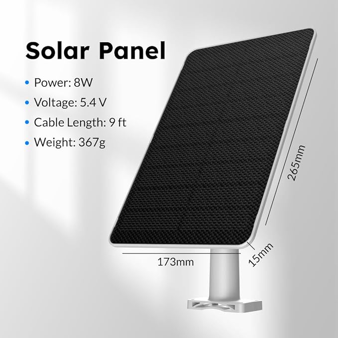 Waggle 8W Solar Panel for Security Cameras - IP65 Waterproof High-Efficiency Solar Charger 10ft Cable Supports USB-C Port