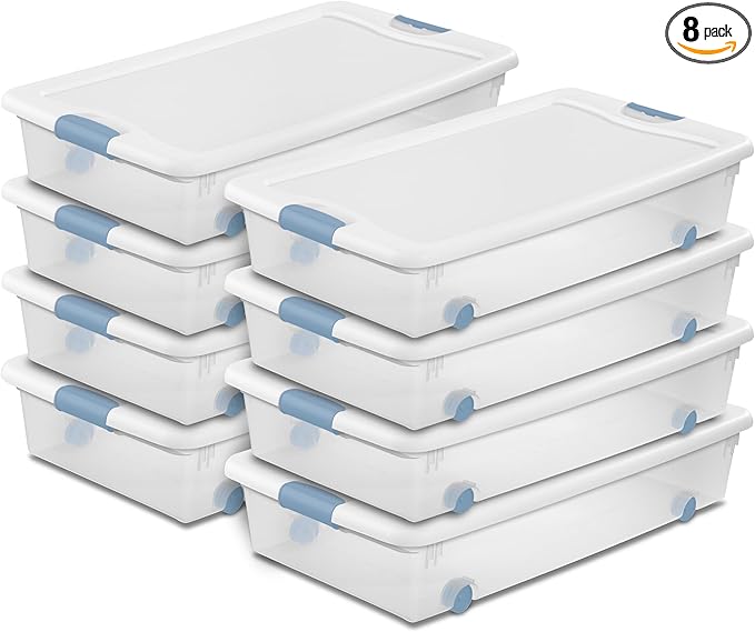 Sterilite 8-Pack Latching Box Under Bed Storage Bins with Lids Clear Plastic 56 Quart - Heavy-Duty Organizing Containers for Closet Bathroom and Office