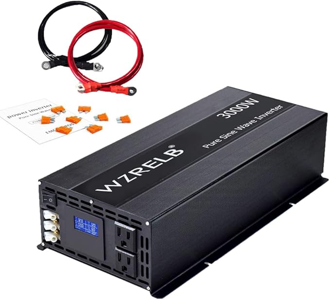 WZRELB Pure Sine Wave Inverter 3000W 12VDC to 120VAC Solar Power Peak 6000W Converter Truck RV Home LCD Display Black (LN300012)