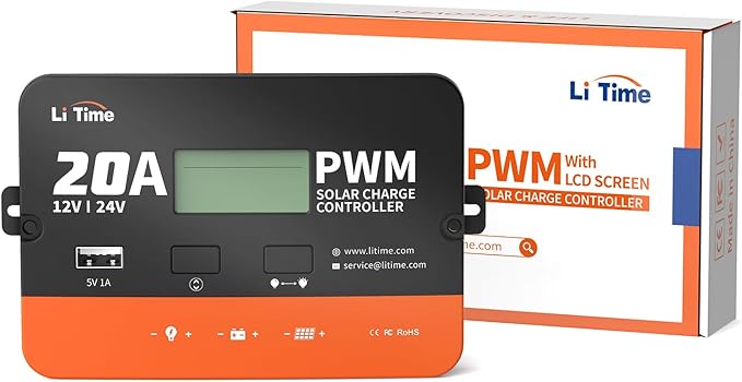 LiTime 12V/24V 20Amp PWM Solar Charge Controller (No Build-in Bluetooth) with LCD Display &amp USB Output for FLA Gel SEL and Lithium Battery