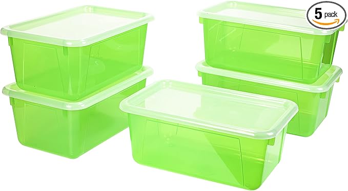 Storex Small Cubby Bins – Plastic Storage Containers for Classroom with Non-Snap Lid 12.2 x 7.8 x 5.1 inches Tint Green 5-Pack (62483A05C)