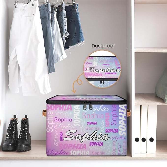 Custom Storage Bins with Zipper Lid Personalized Pink Purple Fabric Lidded Storage Baskets Boxes Foldable Cubes Clothes Organizer Container