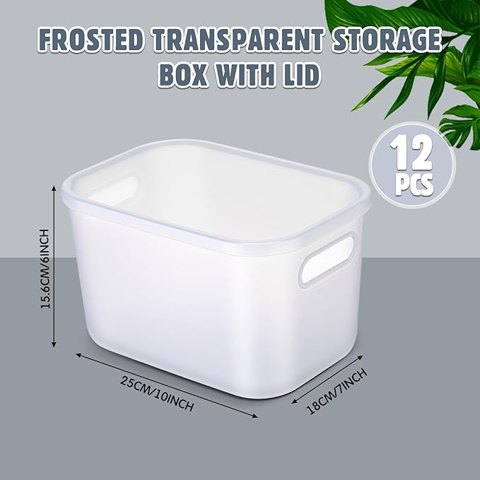 Thyle 12 Pack 7 Quarts Plastic Storage Bins Stackable Baskets with Lid and Handle with Label Colorful Desktop Box Toy Containers for Classroom Shelf Bedroom 10 x 7 x 6 Inch (Translucent)