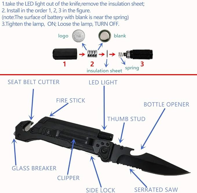Mothers Day Fathers Day Gift - Personalized Custom Engraving Gifts for Him Her 6-in-1 Multifunctional Folding Pocket Knives with LED Light Seatbelt Cutter Glass Breaker Magnesium Fire Starter Bot
