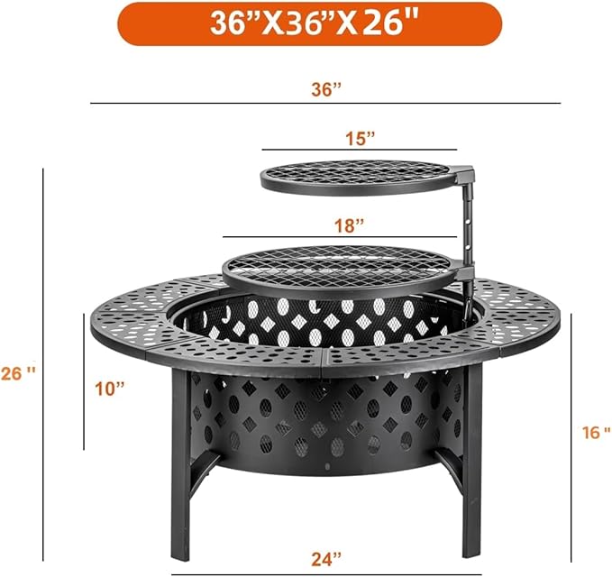 OutVue 36 Inch Fire Pit with 2 Grills Wood Burning Fire Pits for Outside with Lid Poker and Round Waterproof Cover BBQ&amp Outdoor Firepit &amp Round Metal Table 3 in 1 for Patio Picnic Party