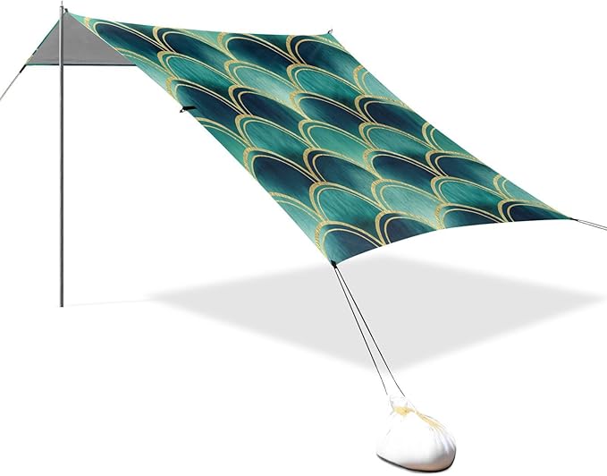 xigua Scallop Shapes Beach Tent Sun Shelter with Carrying Bag - Silver Coated Oxford Fabric Beach Canopy for Beach Camping Fishing - Includes Windproof Ropes Sandbags &amp Stakes