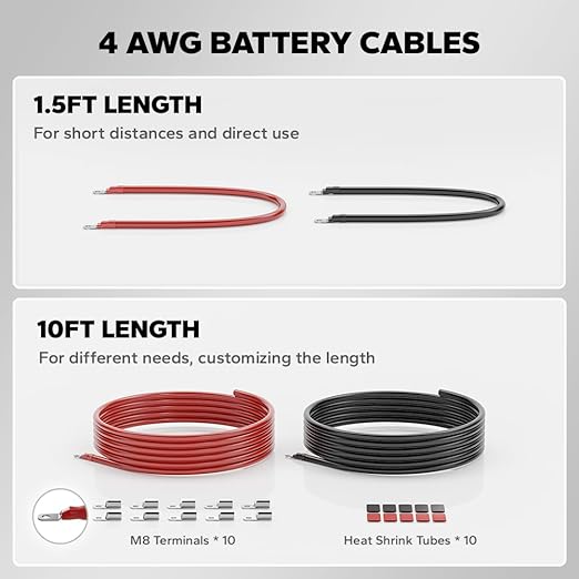 Litime 4AWG Battery Cables Set 1.5FT 4 Gauge Wire with M8 Lugs(Both end) for Battery Banks Inverters MPPT DC-DC System Oxygen-Free Copper Wire for RVs Boats Golf Carts Solar Systems (Pack of 2)