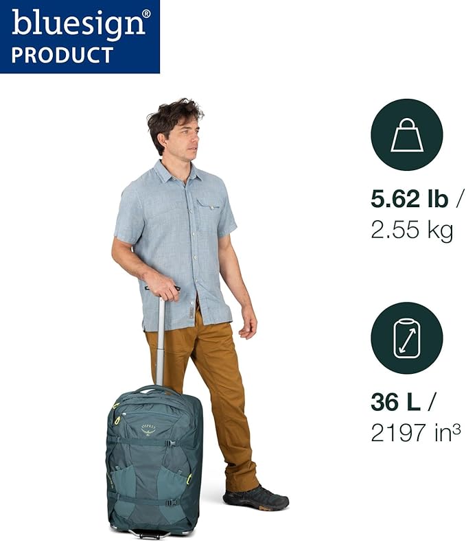 Osprey Farpoint Fairview 36L Wheeled Travel Pack - Carry On Luggage with Wheels - Rolling Backpack Travel Bag Antique Blue