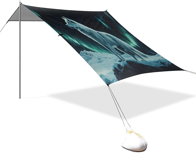 ALAZA Wolf Green Polar Lights Beach Tent Sun Shelter UPF50+ Protection Beach Shade Canopy w/ 4 Sandbags for Outdoor Camping Fishing Backyard Fun Picnic 10x9 ft