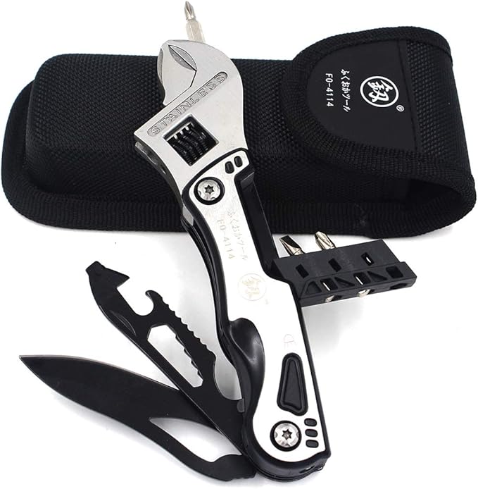 15-in-1 MultiTool Adjustable Crescent Wrench Knife LED Light Screwdriver Bits Hex Wrenches Camping Hiking Tool