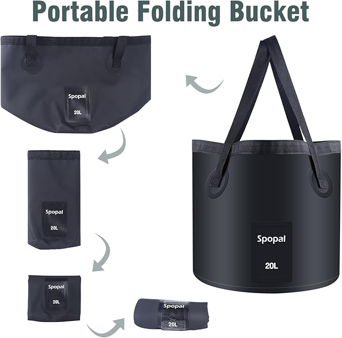 Portable Shower for Camping [Upgraded] Spopal 8000mAh Rechargeable Camping Shower with 5 Adjustable Speeds 4 Spray Modes with Collapsible Bucket with Handle 20L for Hiking Travel Car Pet