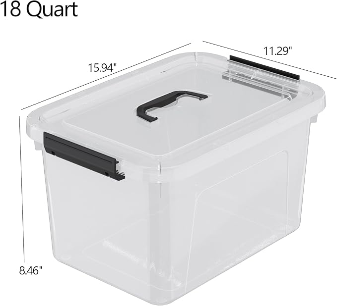 Quickquick 18 Quart Plastic Clear Latch Storage Boxes Latching Bin with Handle 4 Packs