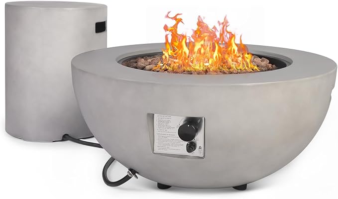 31.5 Round Propane Fire Pit Table50000 BTU Outdoor Gas Fire Table with Tank Cover &amp LidGray Concrete Firepit for PatioBackyardGarden and Pool