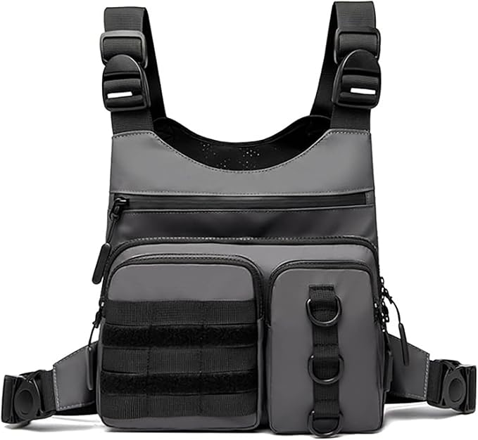 Tactical-style multifunctional chest pack with built-in phone holder EDC Rig Pouch vest for fitness running and cycling. (gray ONE SIZE)