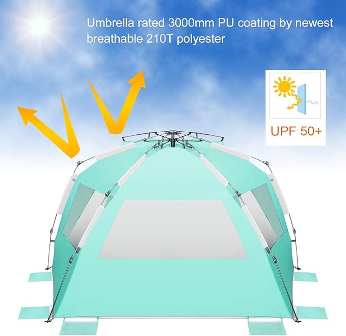 Oileus XX-Large Pop Up Beach Tent Sun Shelter for 5-6 Person Portable Sun Shade Instant Tent for Beach with Carrying Bag Stakes 6 Sand Pockets Anti UV for Fishing Hiking Camping Light Green
