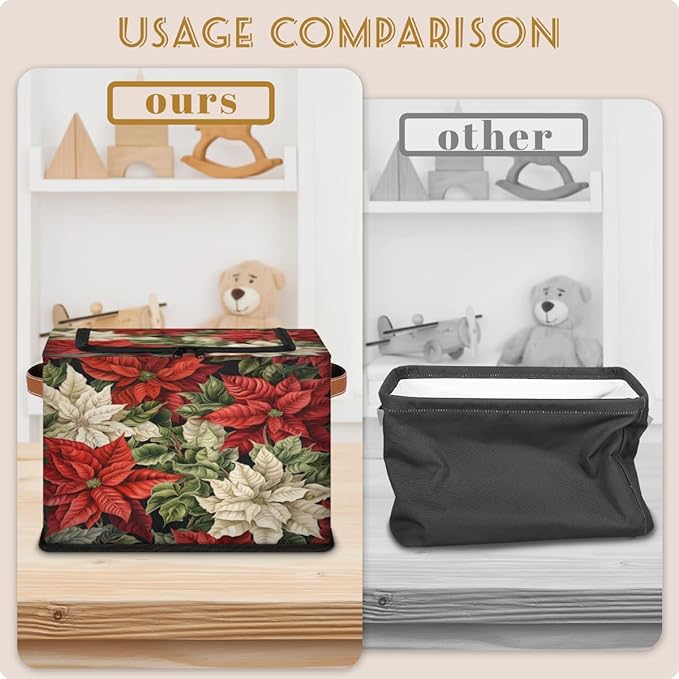 KOBLEN Poinsettia Flower Storage Basket Collapsible Rectangular Storage Bins with Zipper Lid Handle Closet Shelf Cloth Organizer Basket for Nursery Bedroom Clothes Toy 2 Pack