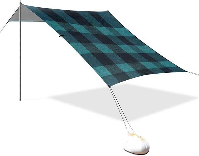 Darkcyan Buffalo Plaid Check Tartan Scotland Beach Tent UPF50+ Protection Lightweight Portable Sun Shelter with Sand Shovel for Camping Picnics Backyard