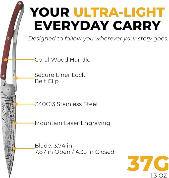 deejo - 37G Folding Pocket Knife with Belt Clip - Mountain Design 3.7-Inch Stainless Steel Blade Coral Wood Handle - Lightweight Everyday Carry for Home Work and Outdoor Use