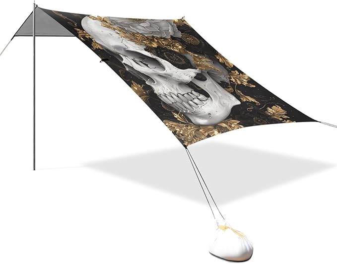 ALAZA Skull Gold Flowers Beach Tent Sun Shelter UPF50+ Protection Beach Shade Canopy w/ 4 Sandbags for Outdoor Camping Fishing Backyard Fun Picnic 10x9 ft