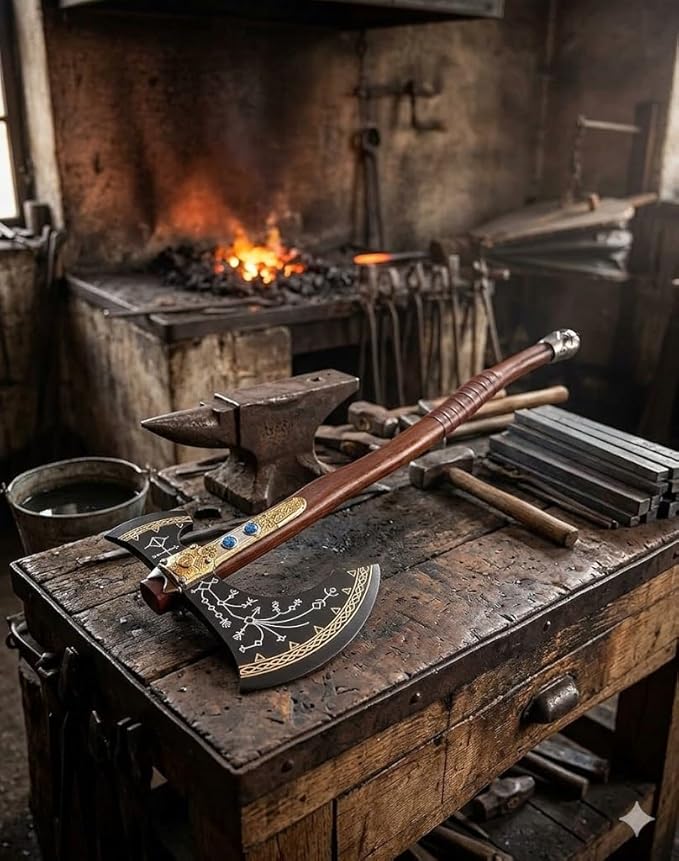 VK War Axe Viking Battle Axe Replica Ax - Handmade Forged Stainless Steel Axe Prop Tool with Viking Axe Hatchet Solid Wood Handle Skarde Seax Men's Gift