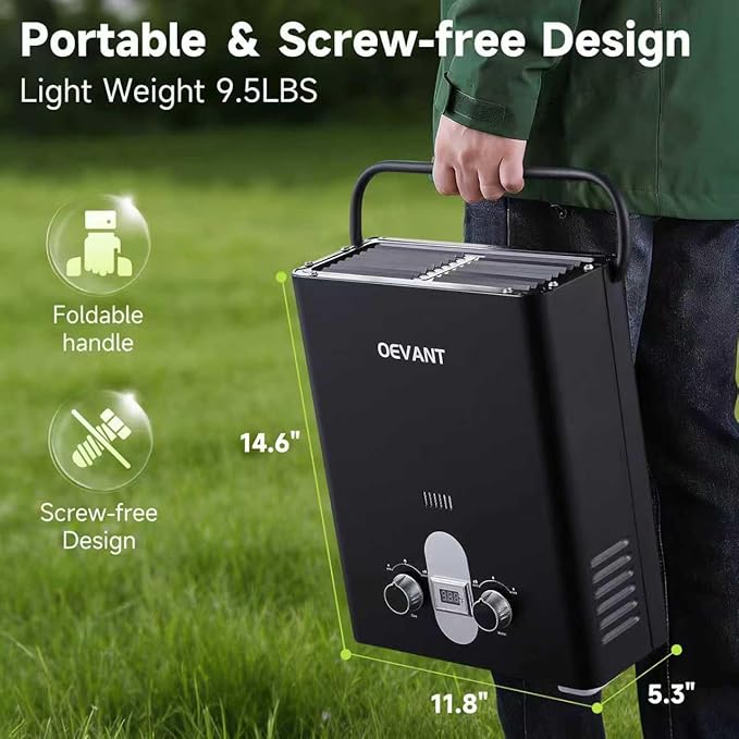 Propane Water Heater 1.32 GPM 5L Portable Tankless Water Heater with Overheating Protection Upgrade Screw-free Back Shell Instant Hot Water for RV Camping Outdoor Shower (BLACK)